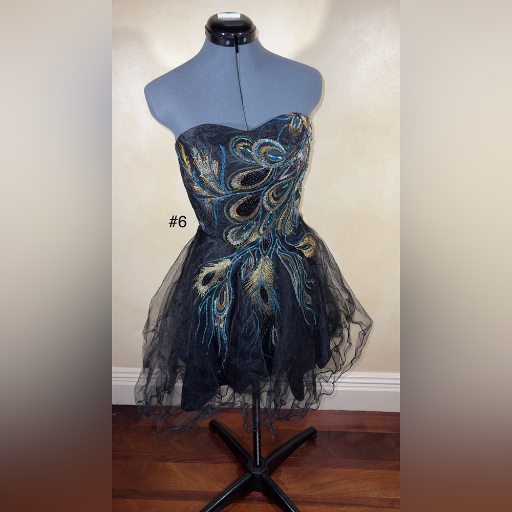 Black peacock cocktail dress